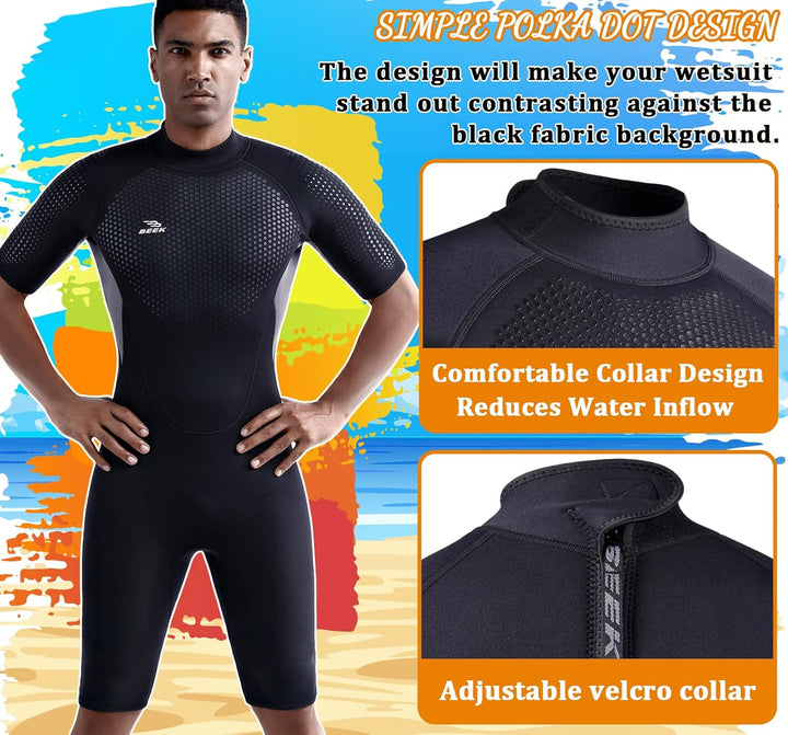 Neoprenanzug Damen und Herren Kurz 3mm für Herren Rückenreissverschluss zum Tauchen, Schnorcheln, Su