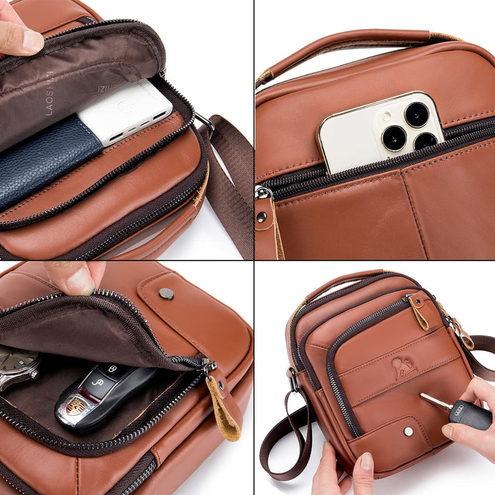 Umhängetasche aus Echtem Leder Herren Casual Fashion Crossbody Tasche Multifunktionaler Taschenbeute