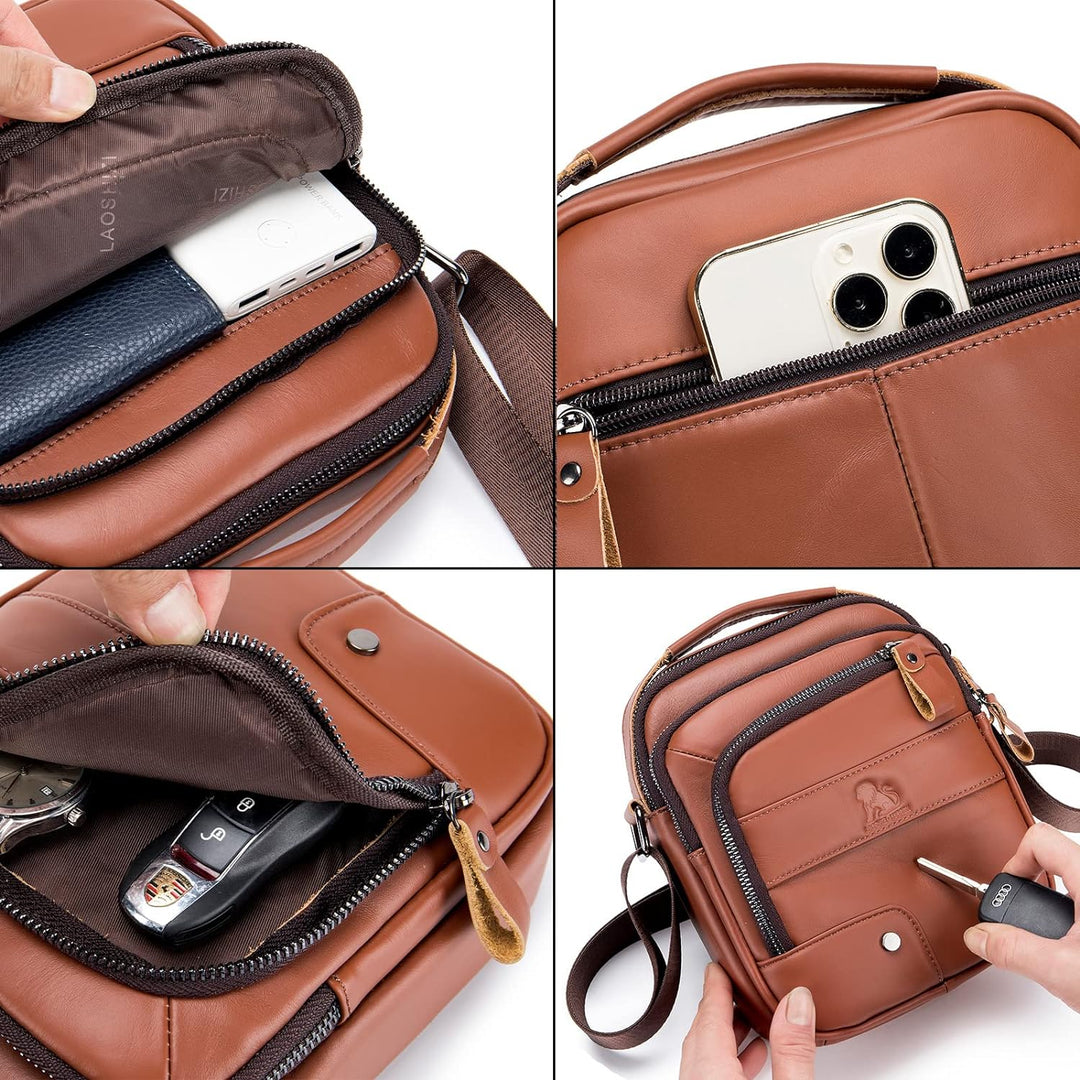 Umhängetasche aus Echtem Leder Herren Casual Fashion Crossbody Tasche Multifunktionaler Taschenbeute