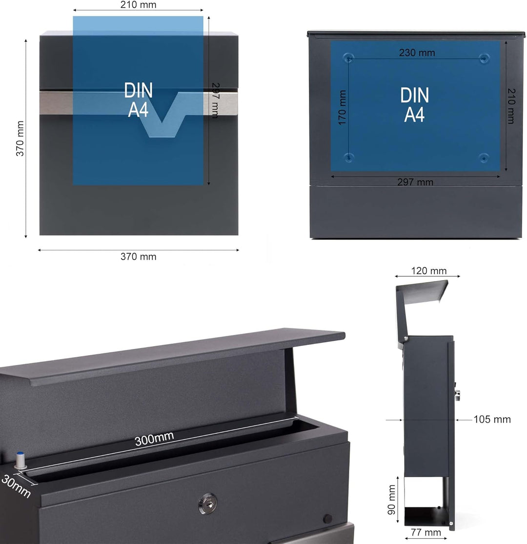 XPOtool Briefkasten V60 Anthrazit und Edelstahl 370 x 105 x 370 mm, Wandbriefkasten mit Schloss, Sof