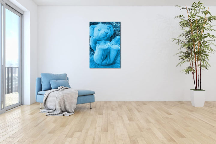 deyoli lustige Teddybär Skulptur Format 80x60 Effekt: Monocrome Blau als Leinwandbild, Motiv fertig