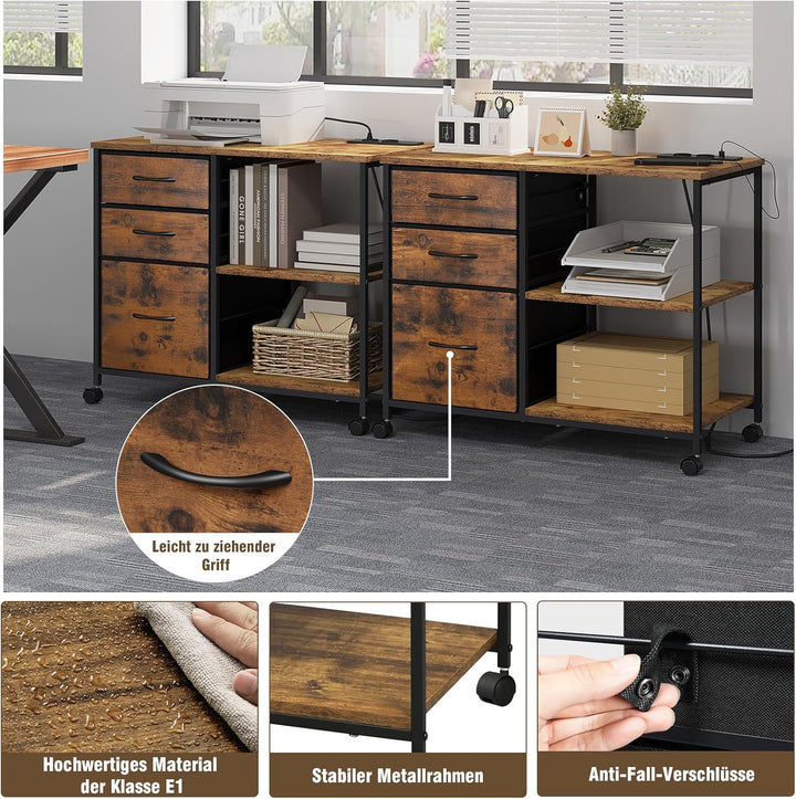 WOLTU Aktenschrank mit Ladestation, Rollcontainer mit Schubladen, Büroschrank, Druckertisch mit Roll
