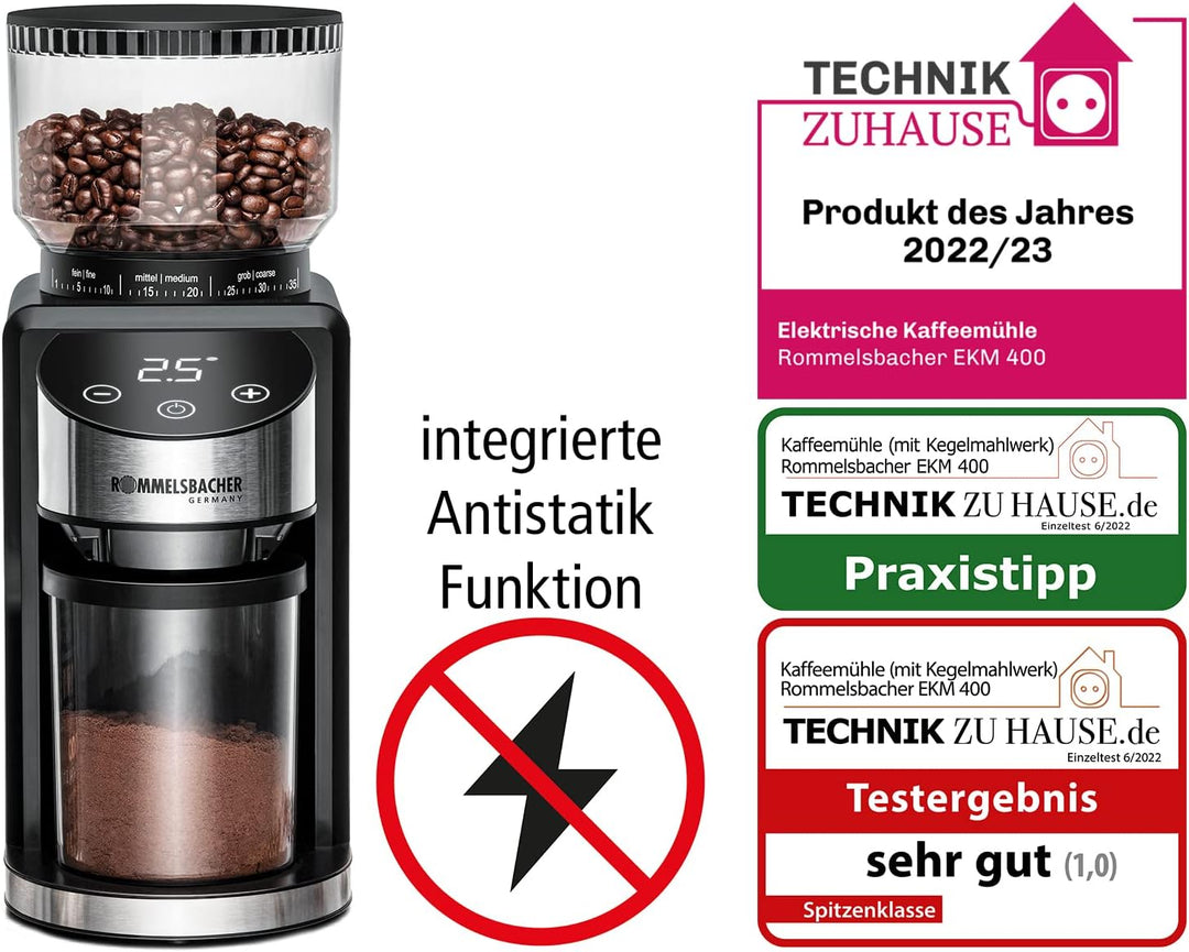 ROMMELSBACHER Kaffeemühle EKM 400 - Kegelmahlwerk, Antistatik-Funktion, 12 Portionen, Halterung für