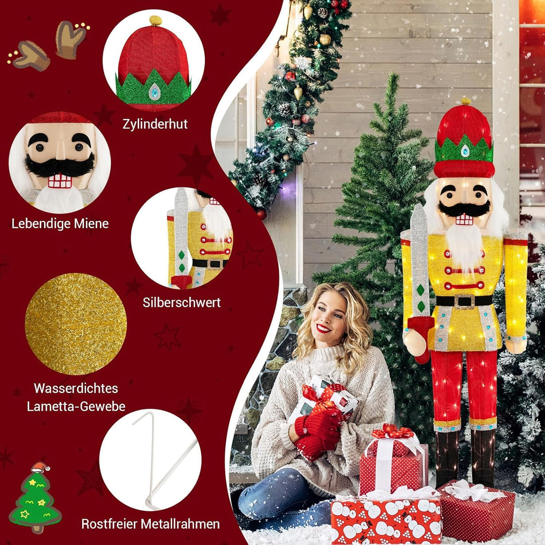 COSTWAY Weihnachten Nussknacker Figur gross, beleuchtete Weihnachtsdeko XXL, Weihnachtsfigur mit Met