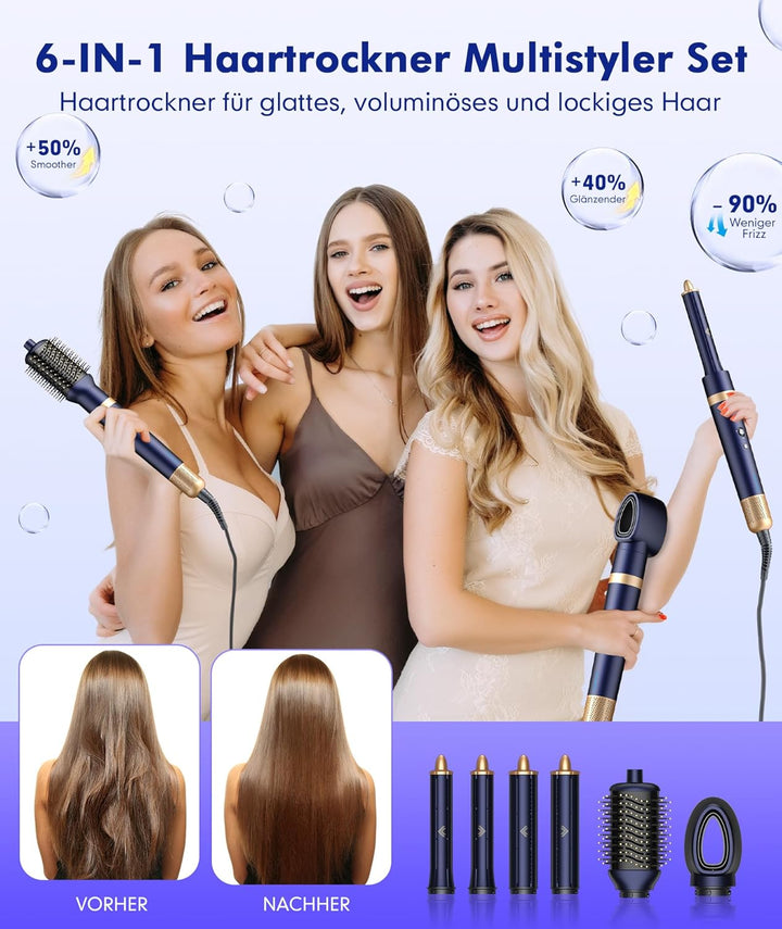 Homdigrk Air Styler Haarstyler 6-in-1,1300W Warmluftbürste Set Mit 110000 U/Min Haartrockner,Curly A