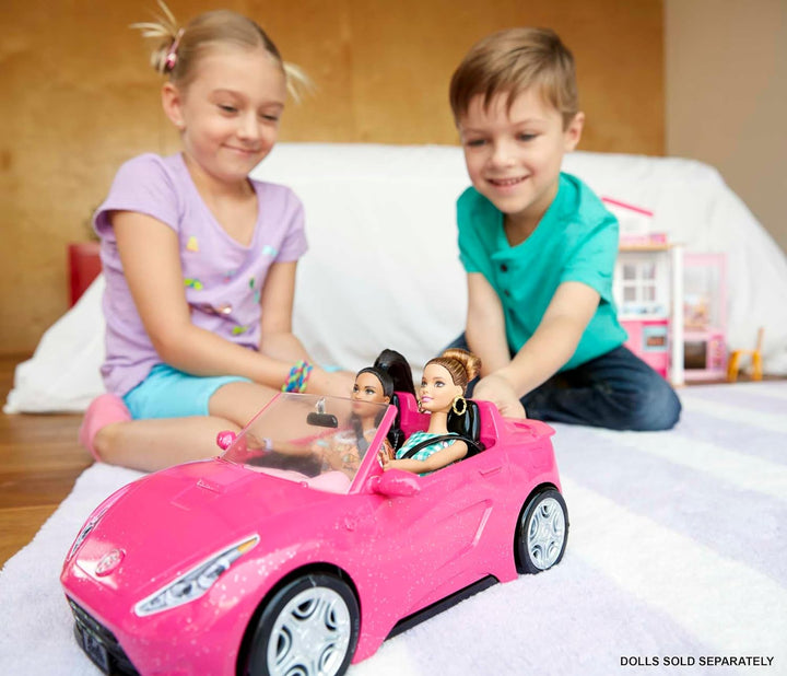 Barbie-Puppe und Auto, Barbie-Auto in glänzendem Pink, Cabrio-Auto mit schwarzem Innenraum, Sicherhe