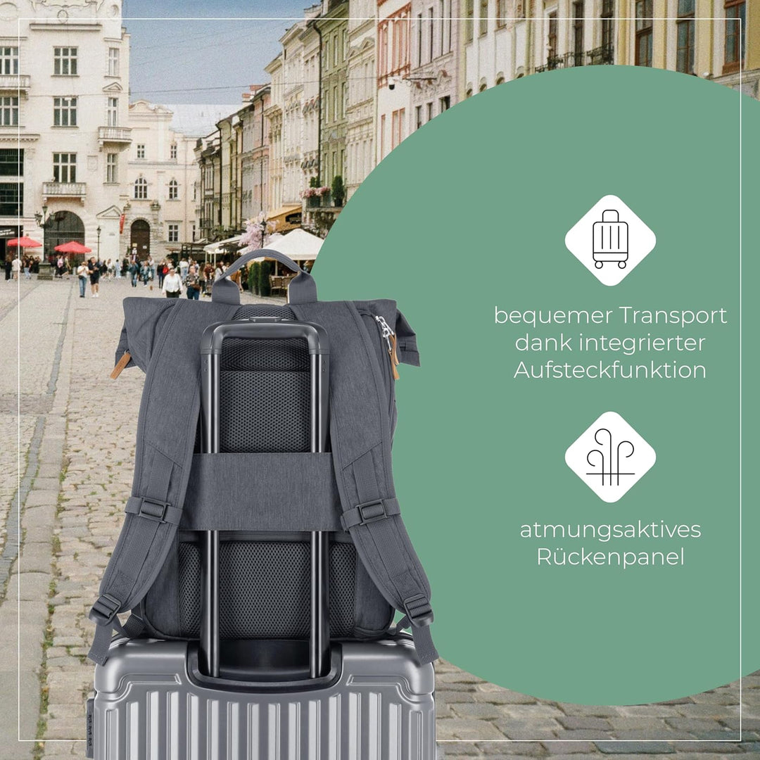 Travelite Handgepäck Rucksack, Laptop Rucksack 15,6 Zoll, BASICS, Reiserucksack Rolltop Funktion, 60