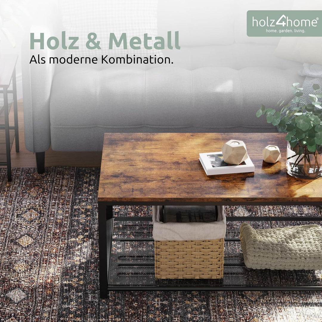 holz4home® Couchtisch Connie mit Gitterablage | 106x60x45 cm | Einfache Montage | Industrial-Look Br