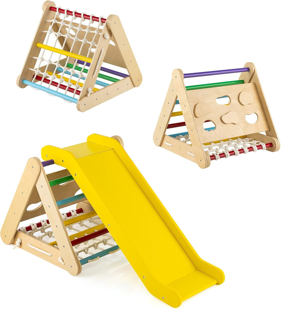 COSTWAY 4 in 1 Kletterdreieck mit Rutsche, Klettergerüst aus Holz, Sprossendreieck zum Rutschen und