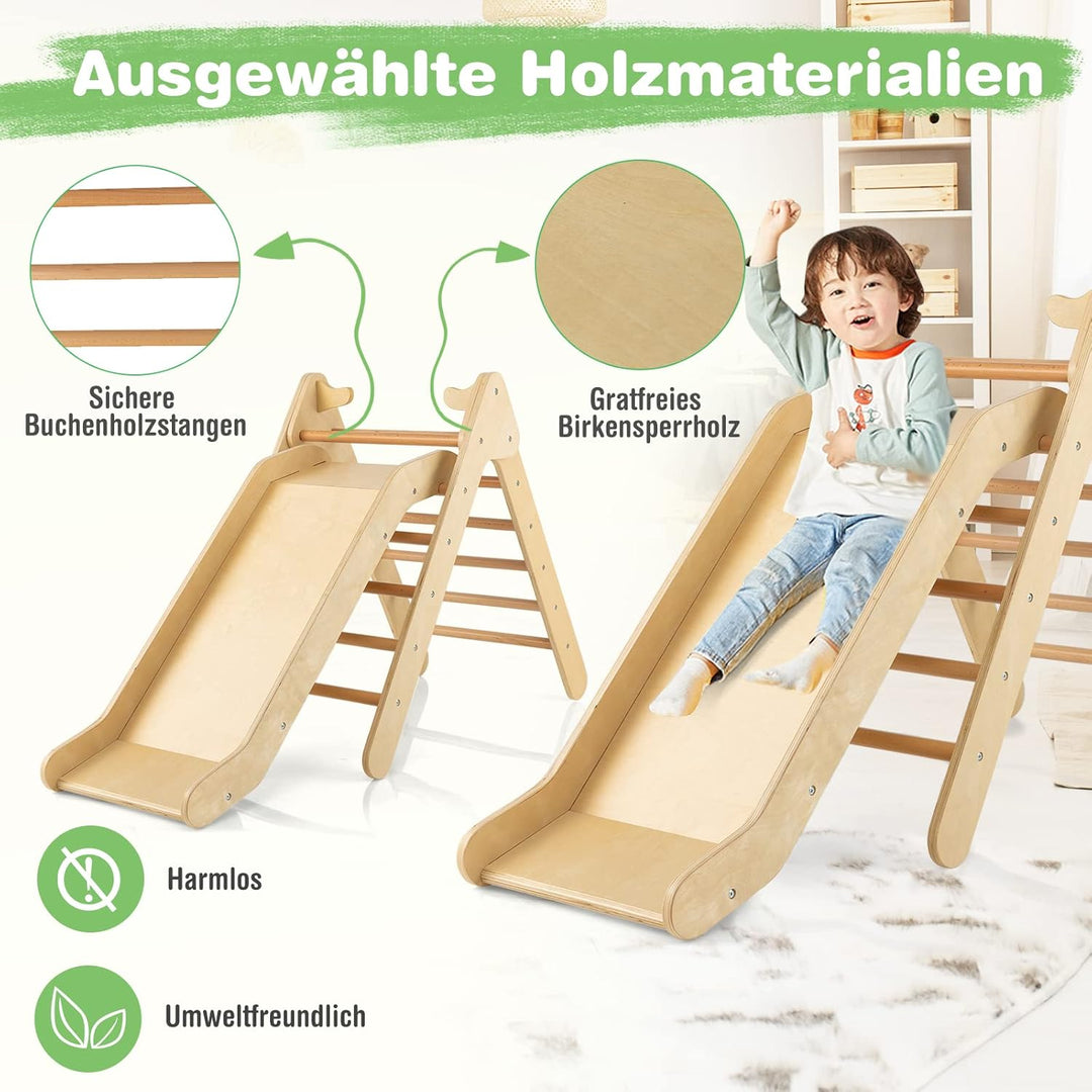 COSTWAY Kletterdreieck mit Rutsche, Klettergerüst aus Holz, Sprossendreieck zum Rutschen und Kletter