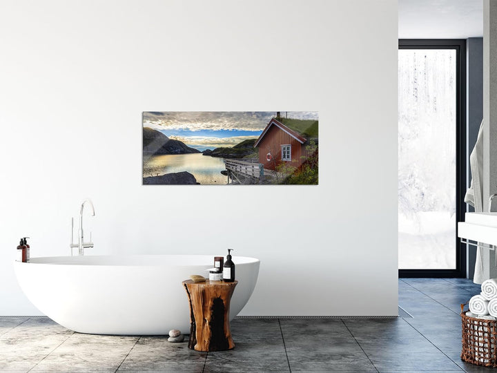 Glasbild Panorama | Wandbild aus Echtglas | Sonnenaufgang am Fjord Norwegens | 100x40 cm | inkl. Auf