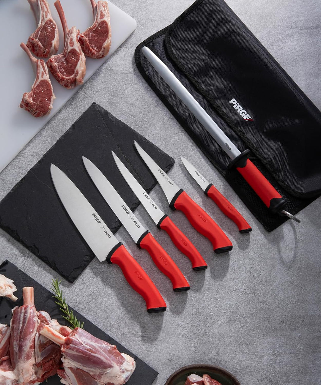 Pirge Duo Profi Messerset mit Tasche 7 Stück - Rutschfester Griff - Profi Kochmesser Set - Edelstahl