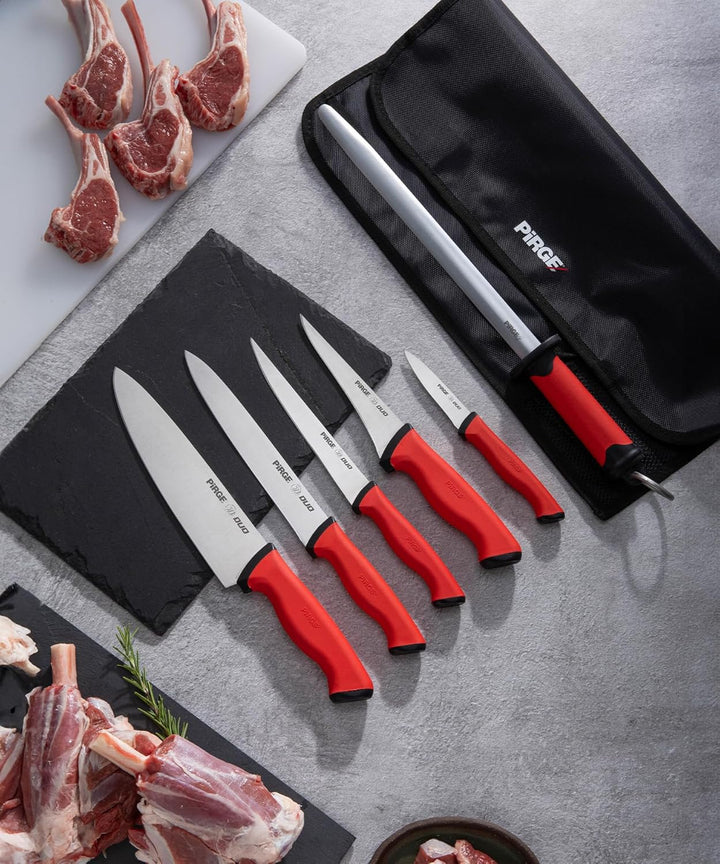 Pirge Duo Profi Messerset mit Tasche 7 Stück - Rutschfester Griff - Profi Kochmesser Set - Edelstahl