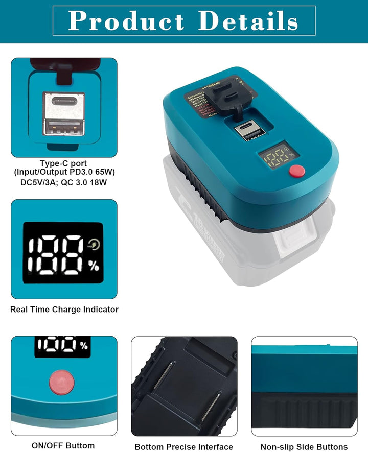 URUN USB-C Ladegerät 65W 3A Schnellladegerät für Makita akku 18V, Handy-Ladegerät-Adapter mit 5V USB