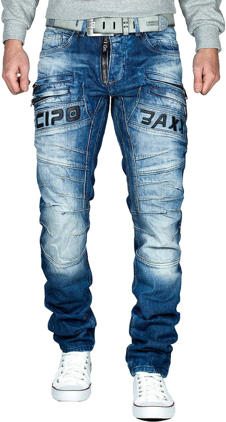 Cipo & Baxx Herren Jeans im Bikerstyle – Regular Fit oder Slim Fit | Stone Washed Denim mit Ziernäht