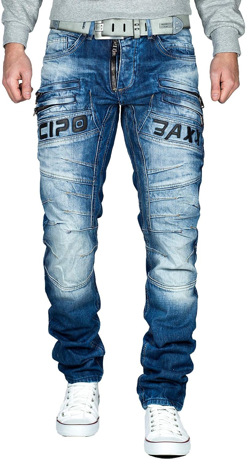 Cipo & Baxx Herren Jeans im Bikerstyle – Regular Fit oder Slim Fit | Stone Washed Denim mit Ziernäht