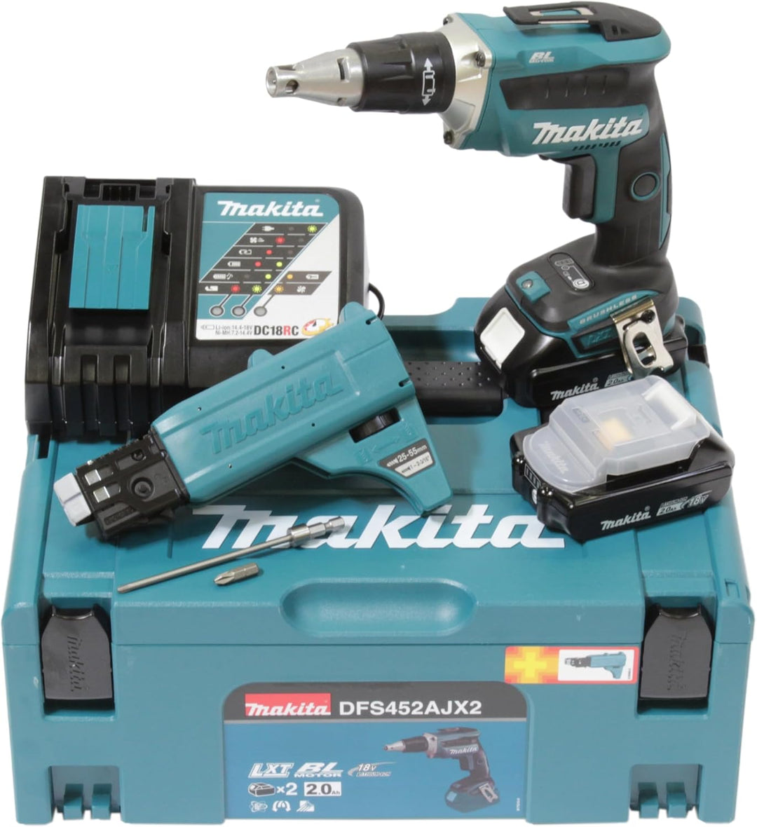 Makita 18V / 2,0 Ah, 2 Akku + Ladegerät im MAKPAC inkl. 199146-8 Magazinschrauben Vorsatz DFS452AJX2
