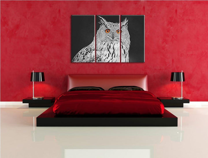 aufmerksame Waldohreule schwarz/weiss Spezial 3-Teiler Leinwandbild 120x80 Bild auf Leinwand, XXL ri