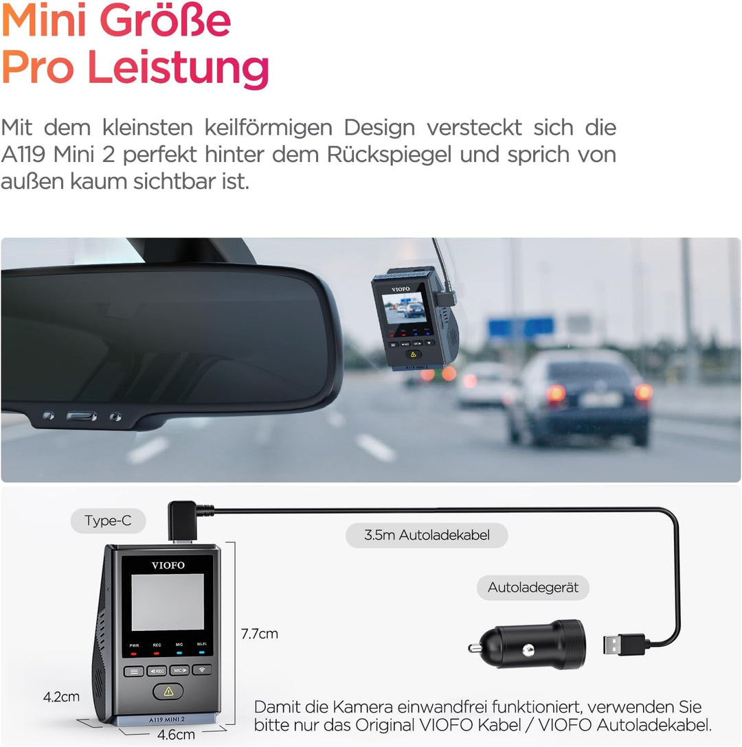 VIOFO Dashcam A119 Mini 2, Front 2,7K 5GHz Wi-Fi, 2K 60fps/HDR 30fps Sprachsteuerung, STARVIS 2 Verb