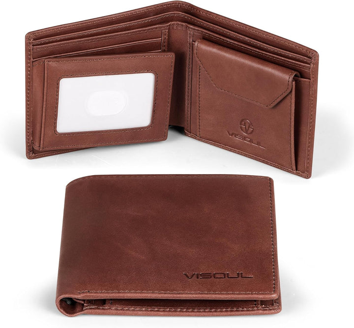 VISOUL Leder Geldbörse Herren mit ID-Fenster/Münzfach & RFID Schutz I Echtleder Geldbeutel für Männe