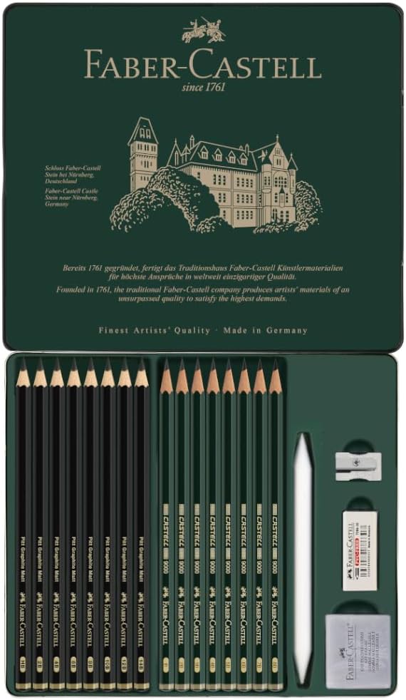 Faber-Castell 115224 - Bleistifte Set Pitt Graphite Matt & Castell 9000, 20-teilig, inkl. Papierwisc