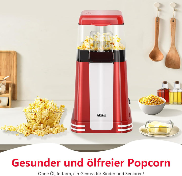 YASHE Popcornmaschine Retro, 1200W Heissluft-Popcornmaschine mit Messbecher, One-Touch, Ölfrei, Perf