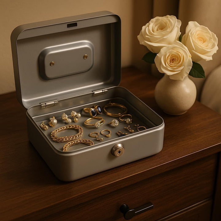 Geldkassette aus Metall - Silber - 200 x 160 x 90 mm - Sicherer Aufbewahrungsort für Bargeld und Wer