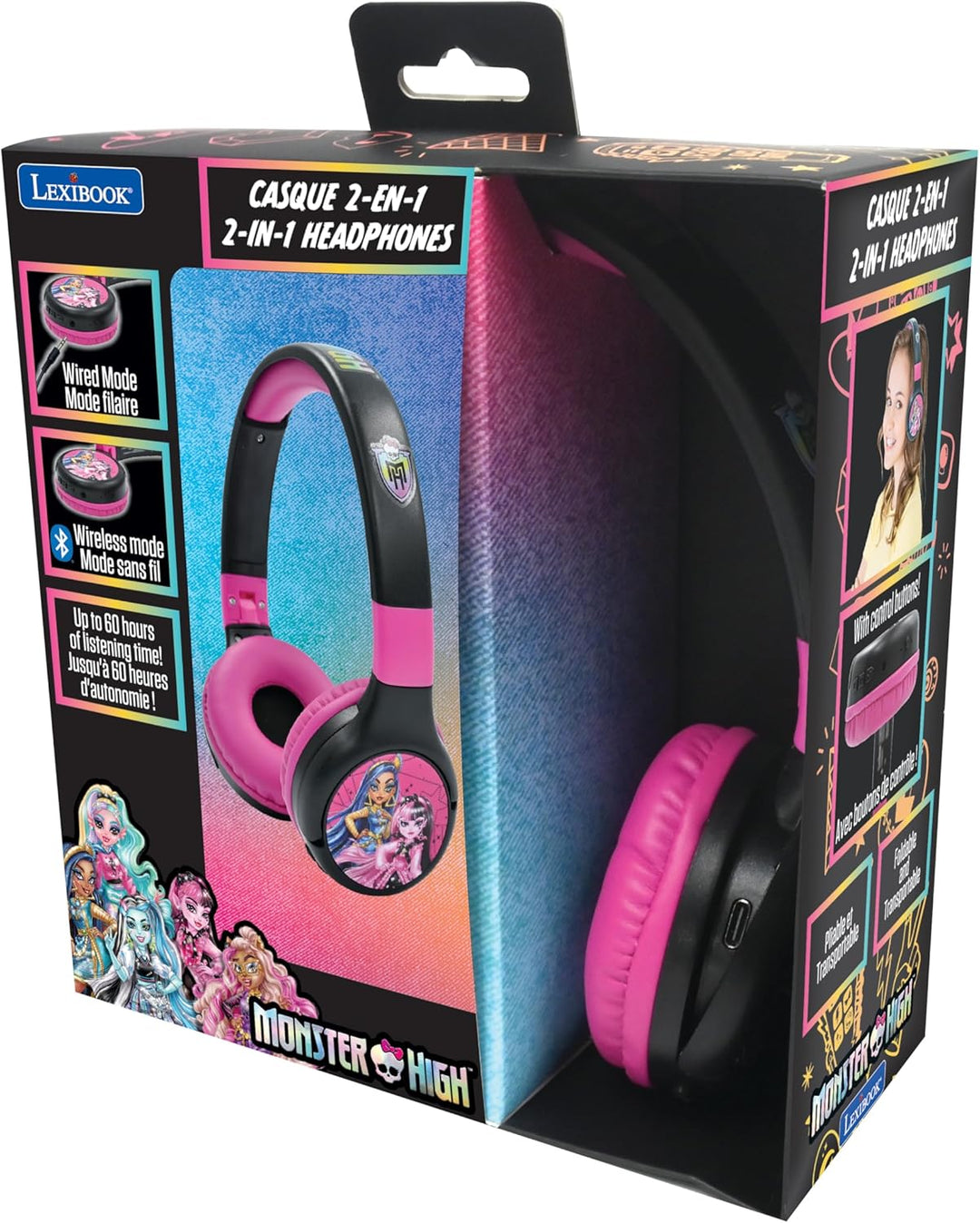 Lexibook, Monster High, 2-in-1 Bluetooth & kabelgebundene Kopfhörer mit Mikrofon und Steuertasten, f