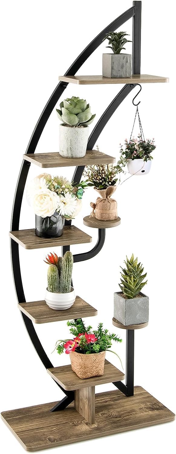 HOMASIS 6 Ebenen Pflanzenregal aus Metall, Blumenständer mit 7 Ablagen & 1 Haken, elegante Halbmondf