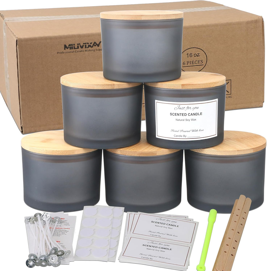 MILIVIXAY 6 x 473 ml Kerzengläser mit Bambusdeckel und Kerzenherstellungs-Kits – 3 Docht-Kerzengläse