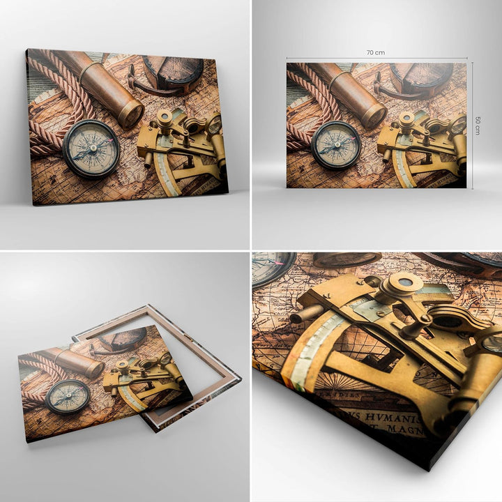 ARTTOR Bilder auf Leinwand Kompass Kompass Karte Leinwandbild 70x50cm Wandbilder Dekoration Wohnzimm
