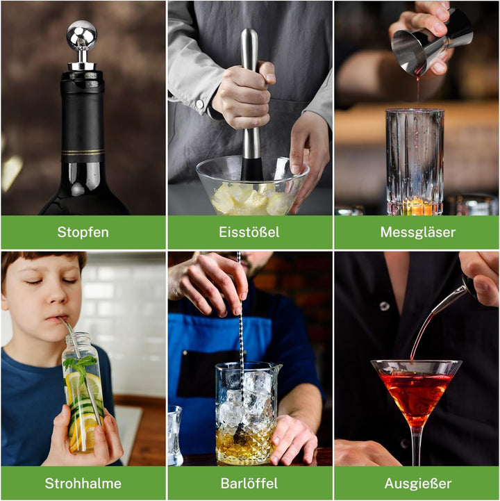 Cocktail Set, oGoDeal Boston Cocktail Shaker Schwarz mit Ständer, 23pcs Bar Equipment Barkeeper Set
