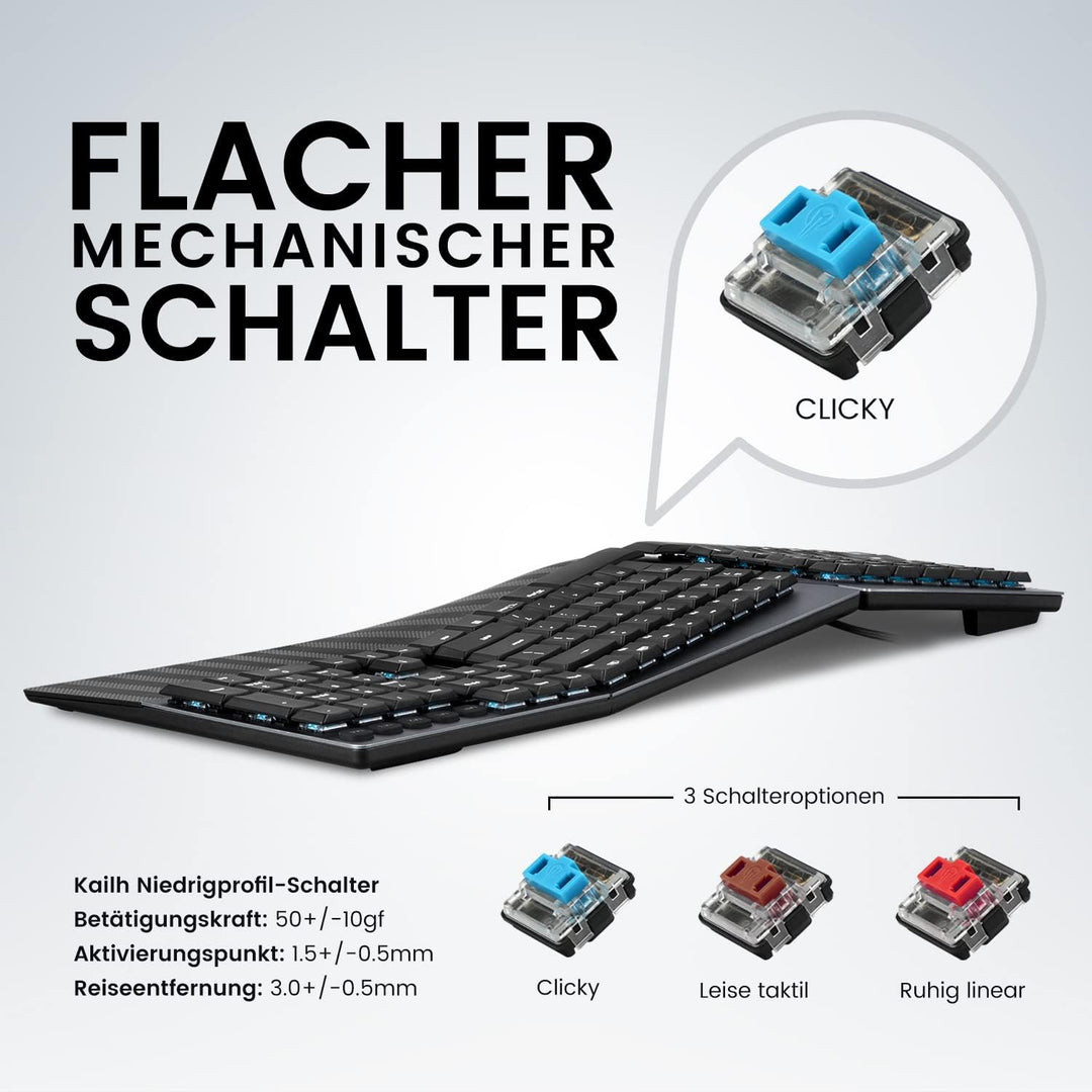 Perixx PERIBOARD-535BL Kabelgebundene ergonomische mechanische Tastatur in voller Grösse – Low Profi