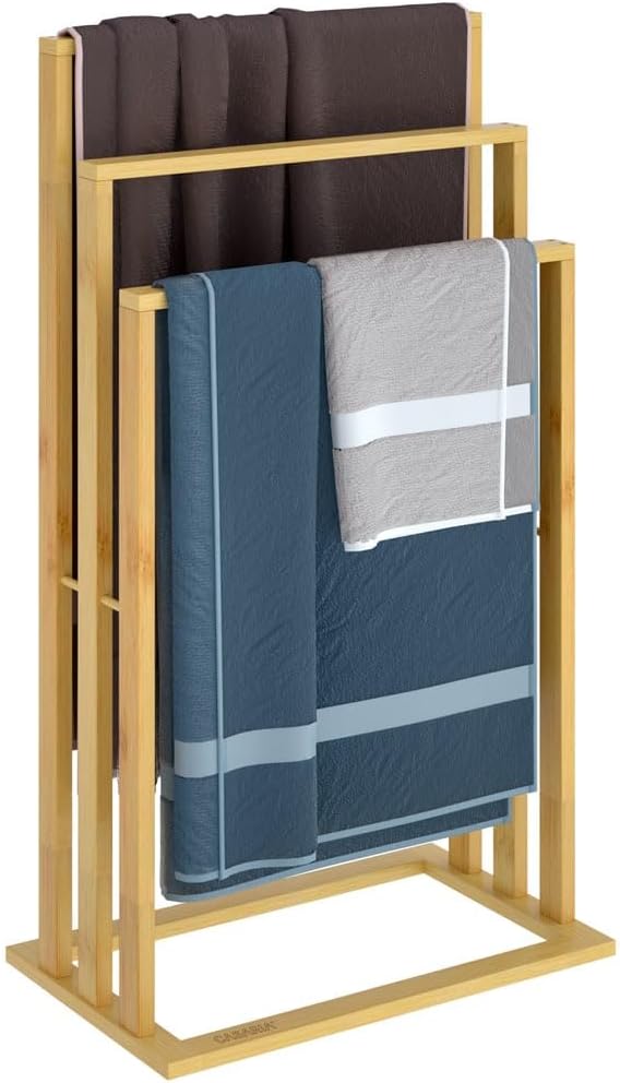 CASARIA® Handtuchhalter Stehend Bambus Holz 3 Stangen 82 x 40 x 24 cm Ablage Handtuchständer Freiste