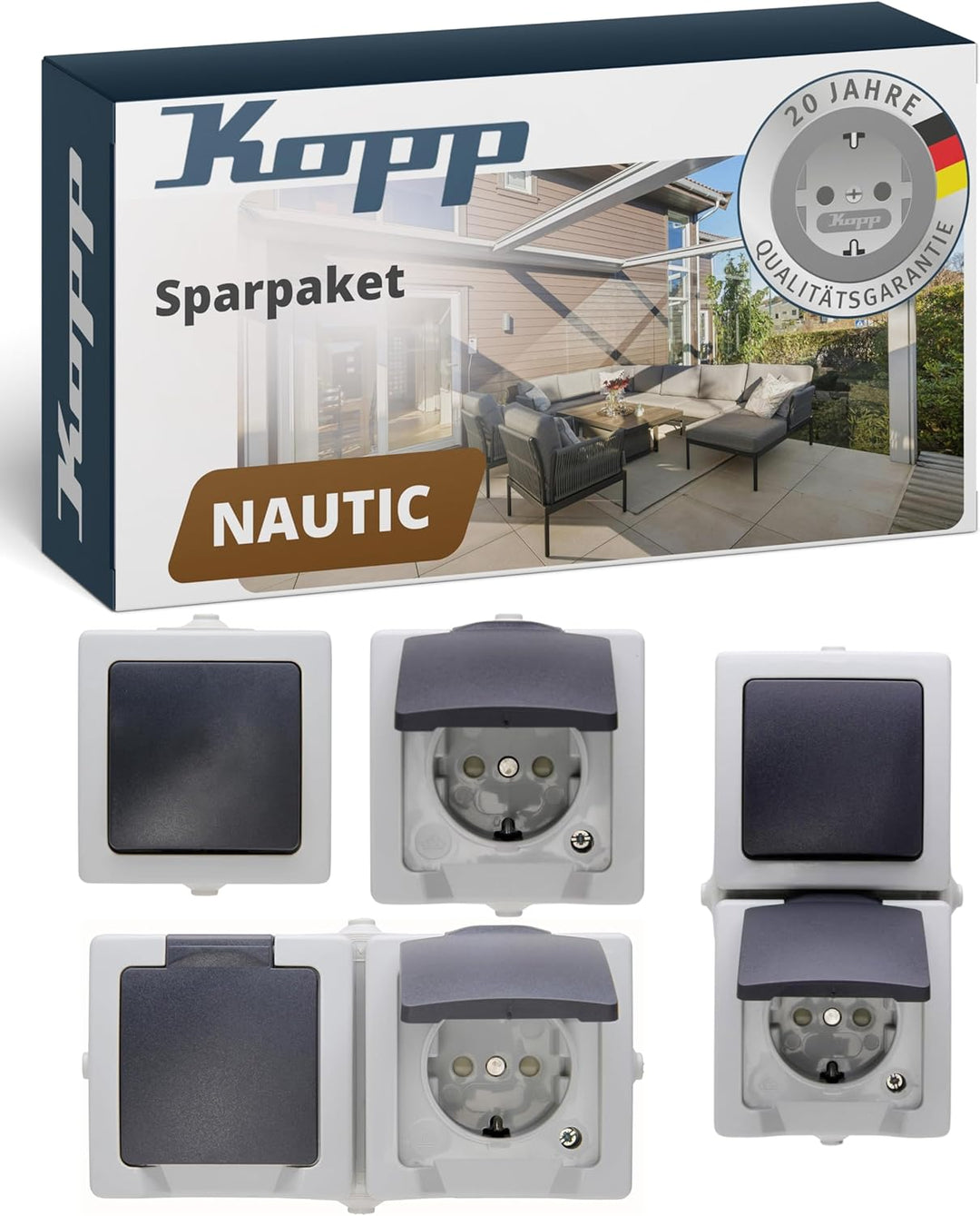 Kopp Nautic Spar-Paket grau: 2X Aus-Wechsel-Schalter + 3X 1-Fach Klappdeckel-Steckdose + 1x 2-Fach K