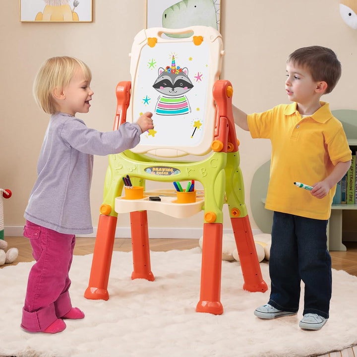 COSTWAY Tafel Kinder, doppelseitige Kindertafel höhenverstellbar mit Whiteboard & Kreidetafel, Stand