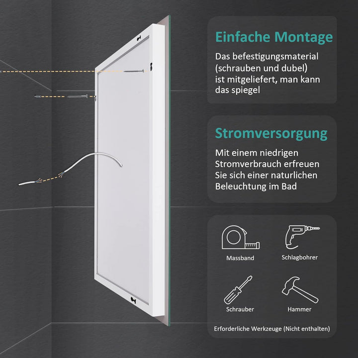 EMKE Spiegel mit Beleuchtung 60x80cm LED Badspiegel mit Beschlagfrei, 2 Lichtfarben und Taste, Badez