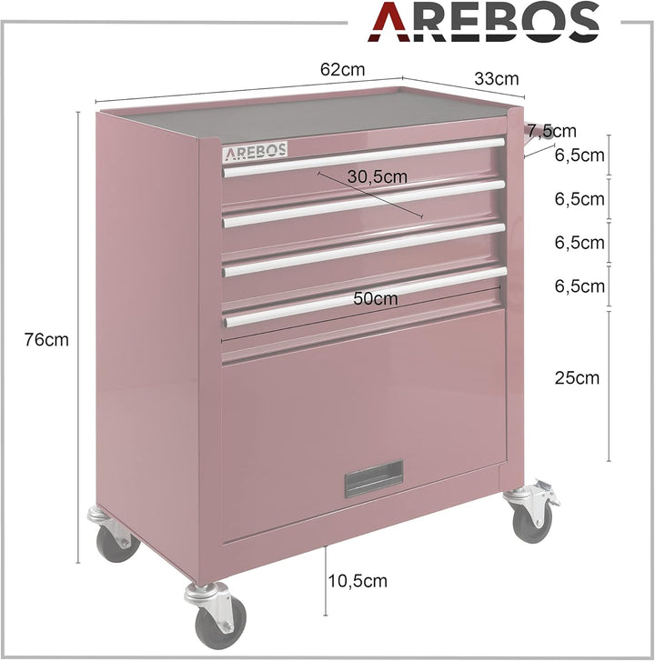 Arebos Werkstattwagen 4 Fächer + grosses Fach für Werkzeug | inkl. Antirutschmatten |kugelgelagerte