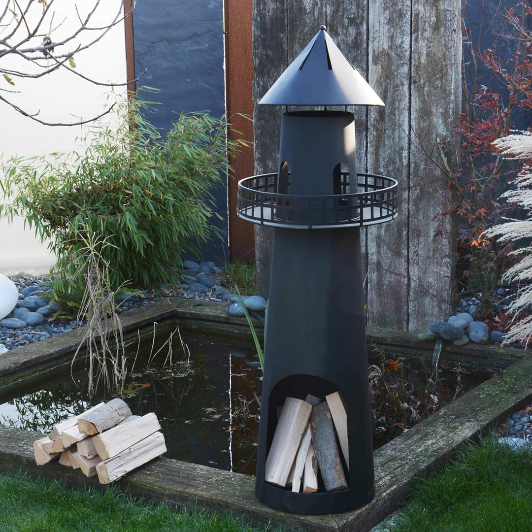 UNUS Gartenkamin Leuchtturm aus Metall als Feuerschale für den Garten schwarz 131 cm