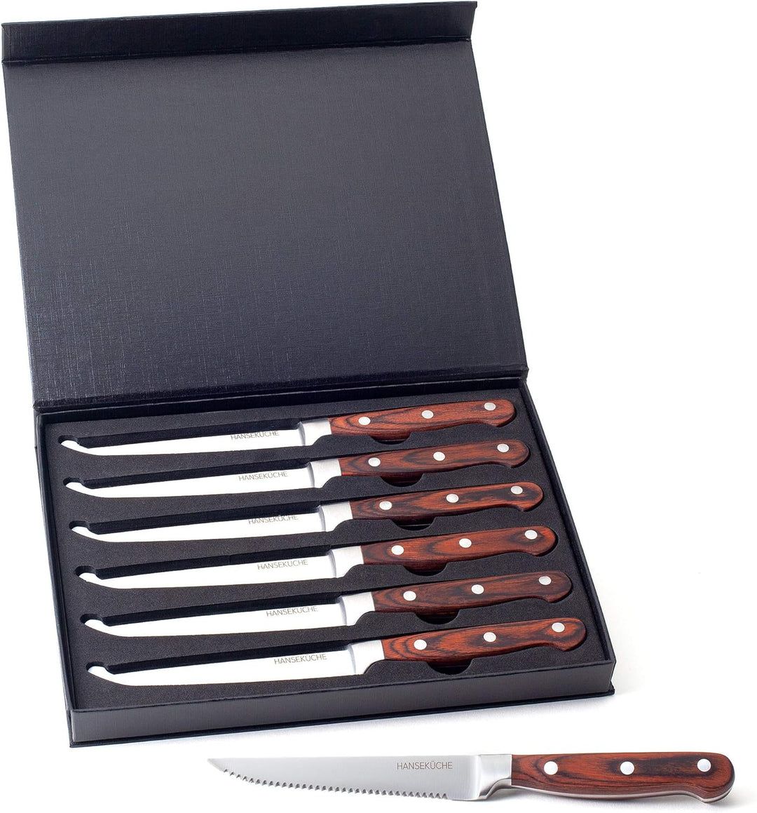 Hanseküche Steakmesser Set – 6x Hochwertige Steakmesser mit Holzgriff – Edles Besteck Set aus rostfr