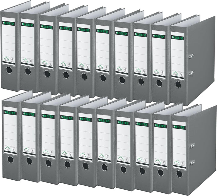 Leitz Qualitäts-Ordner 180° Plastik, 20er Pack, A4, Grau, 8,2 cm Rückenbreite, PP-laminierter Einban