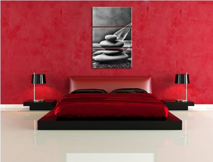 Pixxprint Zen Steine mit Blättern als Leinwandbild/Grösse: 3 Teilig (120x80) cm/Wandbild/Kunstdruck/