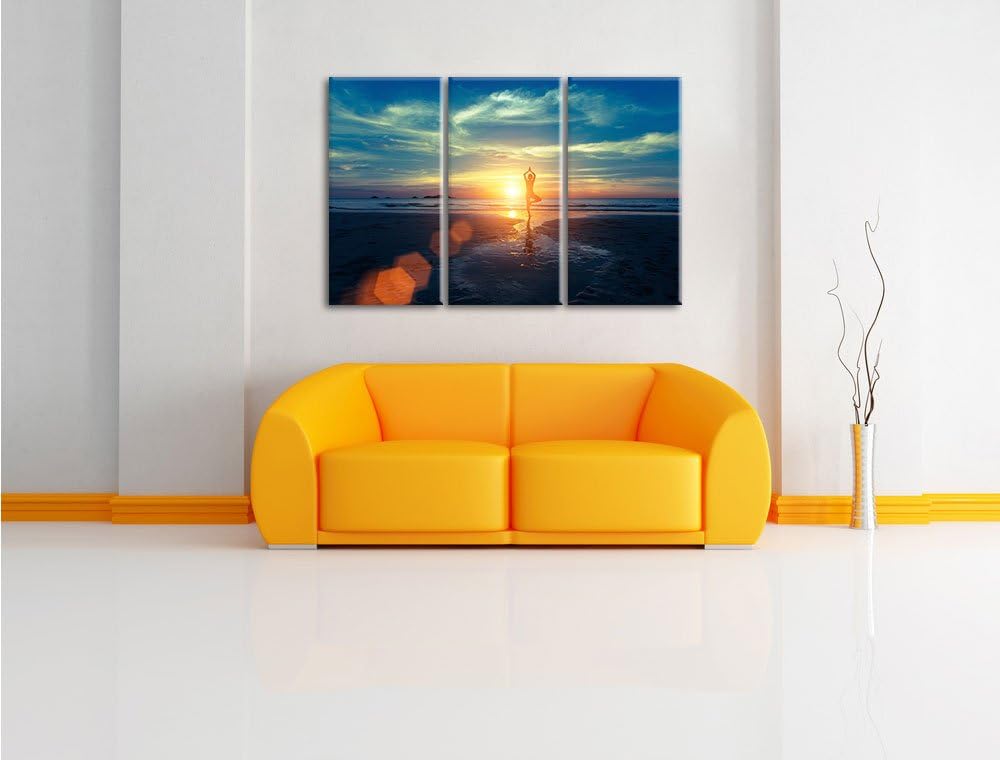 Pixxprint Yoga Silhouette am Strand als Leinwandbild/Grösse: 3 Teilig (120x80) / Wandbild/Kunstdruck