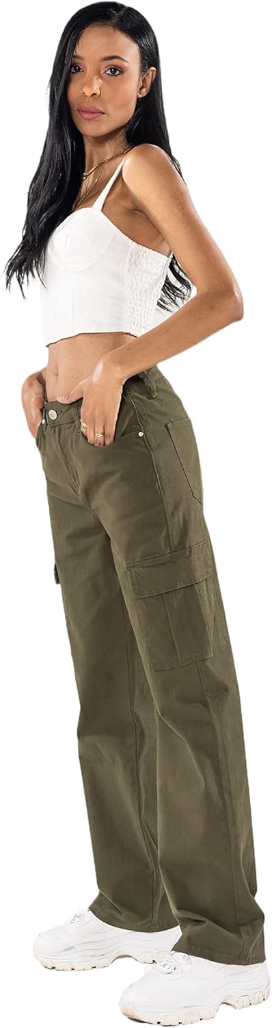 Nina Carter Q1885 Damen Cargo Jeans High Waist Cargohose Stretch Straight Leg Hose S Khaki (Q1885-2)