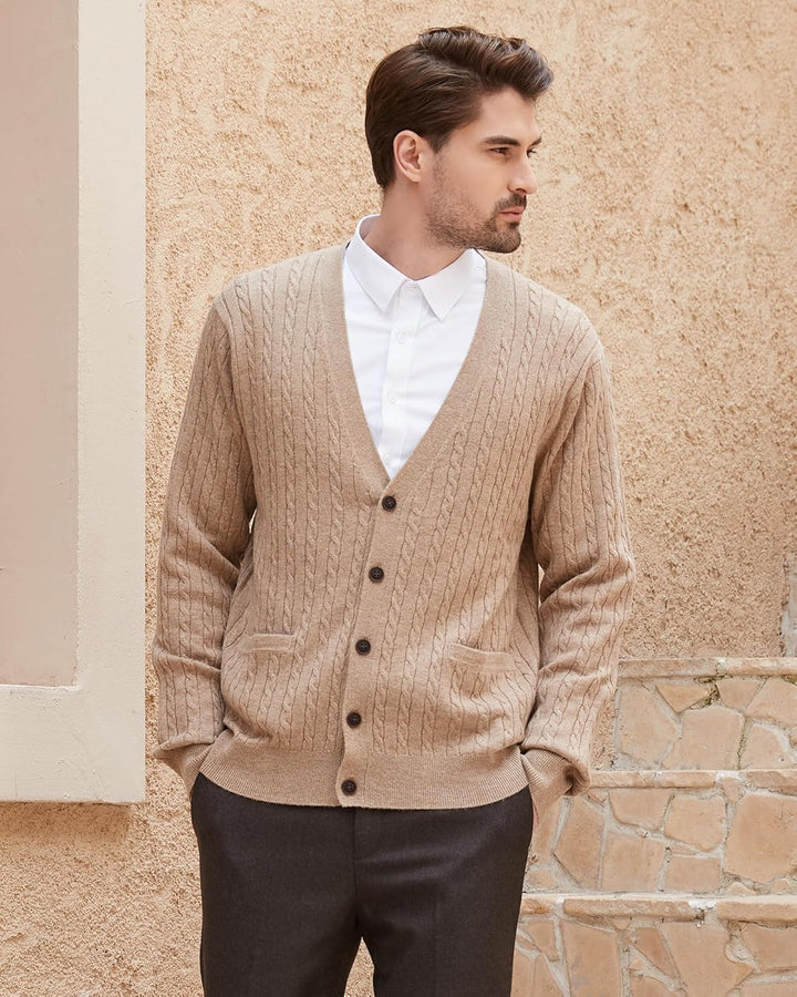 Kallspin Herren Strickjacke aus Wollmischung Zopfstrick Cardigan mit Knopfverschluss und Taschen S K