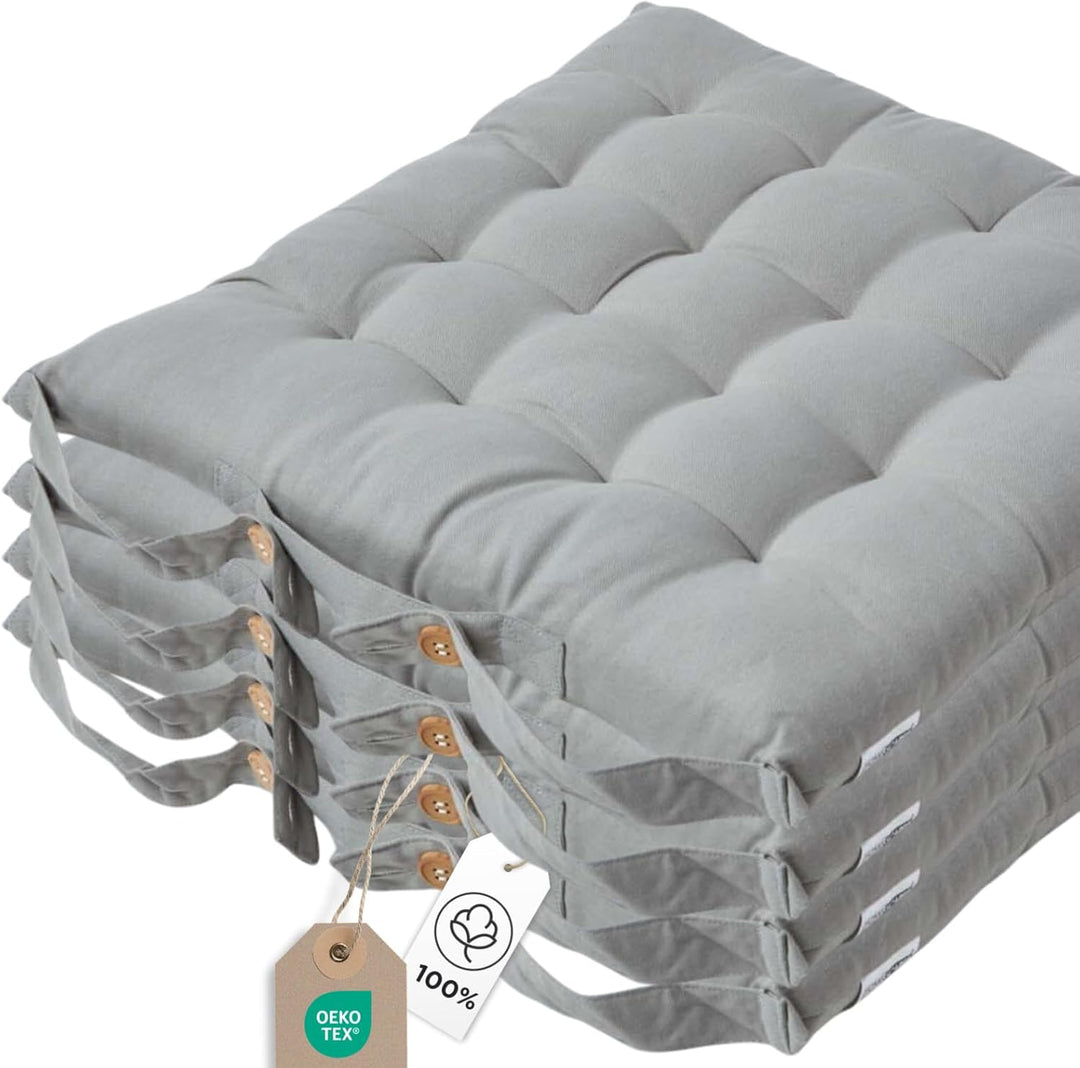 Homescapes 4er Set Stuhlkissen 40 x 40 cm, grau, Sitzkissen mit Bändern und Knopfverschluss, einfarb