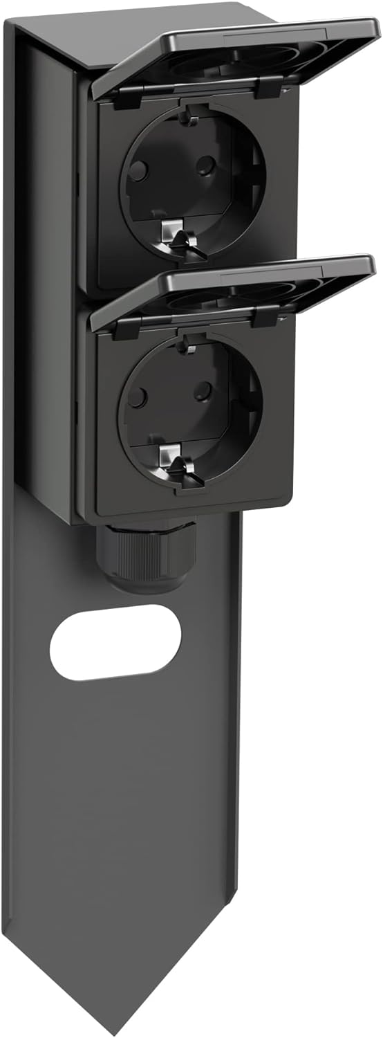 ledscom.de Garten Steckdosensäule PIWI mit Erdspiess für aussen, IP44, 2-Fach, Edelstahl, Kunststoff