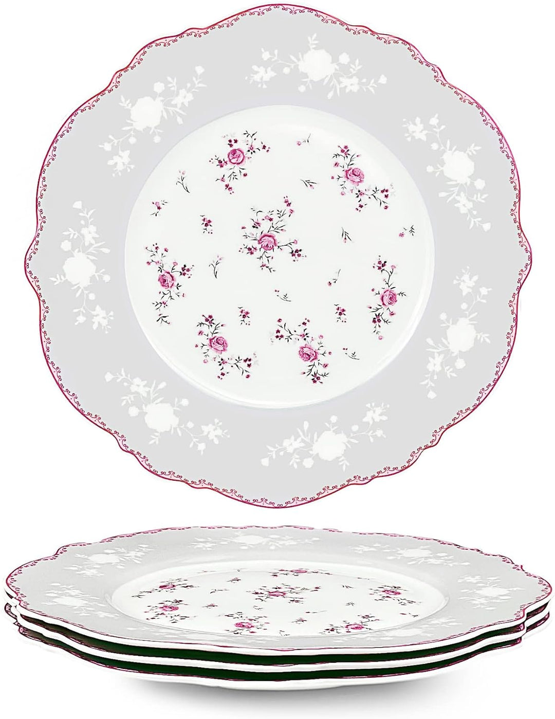 fanquare 4 Stück Dessertteller aus Porzellan Set Ø 208 mm Frühstücksteller mit Goldrand, Rosa Blumen