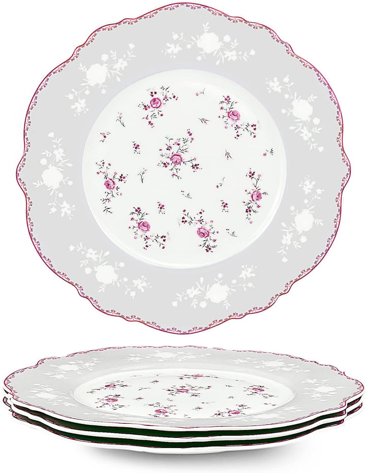 fanquare 4 Stück Dessertteller aus Porzellan Set Ø 208 mm Frühstücksteller mit Goldrand, Rosa Blumen
