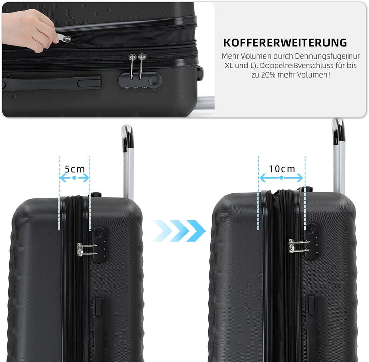 BEIBYE Zwillingsrollen 2066 Hartschale Trolley Koffer Reisekoffer Gepäck M-L-XL-Set (Schwarz, Set) S